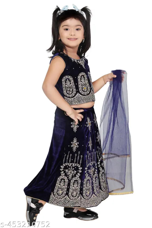 Navy blue velvet Lehenga Choli for kid girls, embellished with intricate stitching and sleeveless design