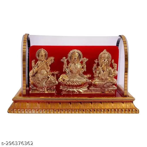 Gold-toned Hindu deity statue: Laxmi Ganesh Saraswati, Ganeshji, Lord Ganesha with Maa Laxmi, Maa Saraswati. Indian religious idol for pooja room, temple, mandir, home decor, office decor, or gifting