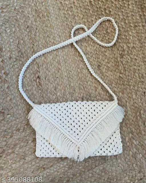 Handmade luxury macrame party bag for women, beige fringe