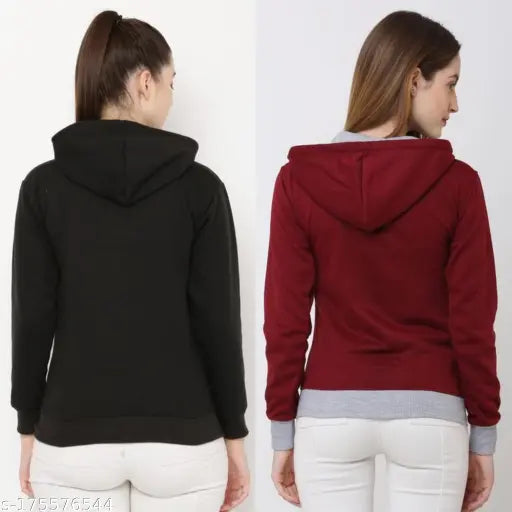 Black fleece zipper hoodie jacket with contrast maroon color, long sleeves, solid pattern