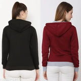 Black fleece zipper hoodie jacket with contrast maroon color, long sleeves, solid pattern