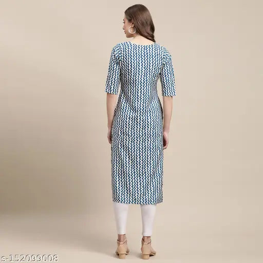Stylish women's straight kurti with zig zag printed in blue and white color on a crepe fabric