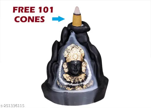 Decorative Lord Khatu Shyam Ji idol statue, gold plated, 101 free smoke backflow incense cone holder