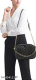 Black leather sling bag, gold chain strap