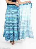 Women's long, blue cotton print wrap skirt in high-rise A-line style