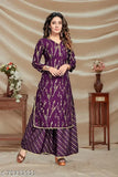 Beautiful foil-printed round neck, full sleeve straight kurta with plazo bottom in pure rayon fabric. Rayon kurta set for women's party and wedding wear, India origin