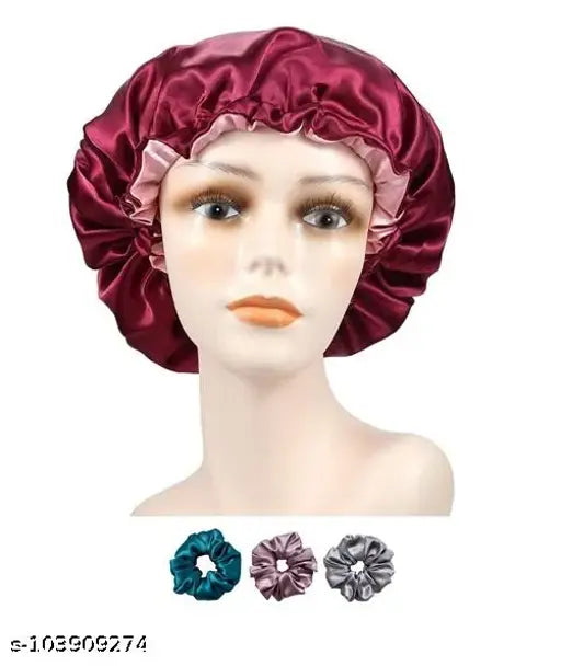 Burgundy synthetic satin bonnet cap with 3 free scrunchies for hair care, adjustable size and reusable design