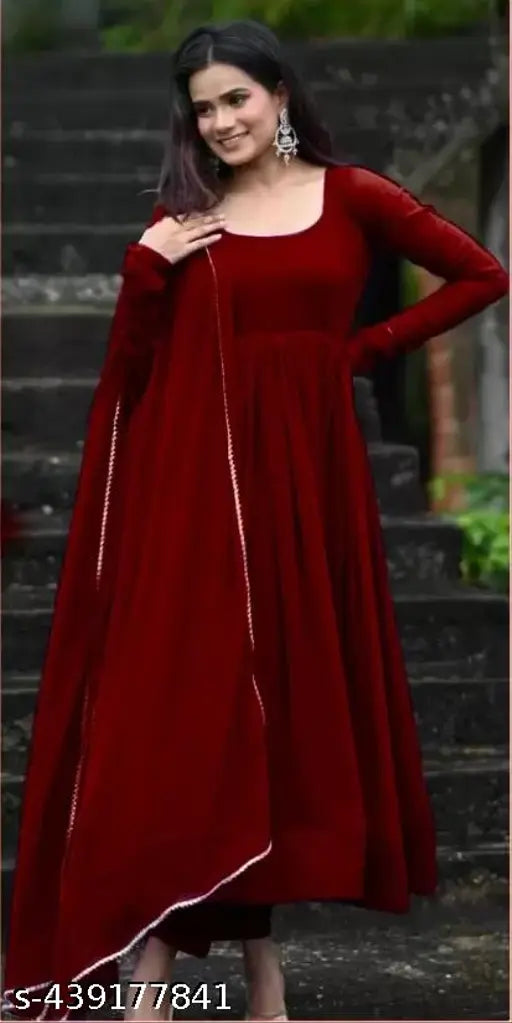 Maroon Georgette anarkali kurta with dupatta, Indian traditional long-sleeved outfit in solid color on display