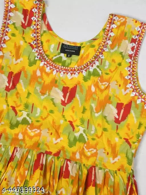 Women's cotton sleeveless Jaipuri floral printed gown cum kurti, vibrant Indian fashion wear on mannequin