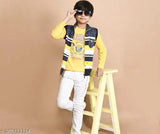 Designer printed T-shirt, navy blue denim jacket boy's fashion combo set