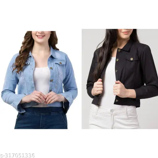 Black denim casual girls' jacket, 2 piece set, long sleeves, zip closure