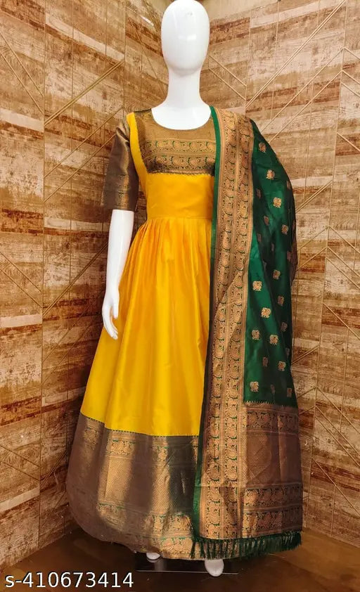 Yellow and green art silk gawon set for girls, short-sleeved with zari woven pattern, inner fabric cotton dupatta and art silk, size M, India origin