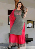 Printed rayon kurti set with dupatta and palazzos, three-quarter sleeves, Indian origin