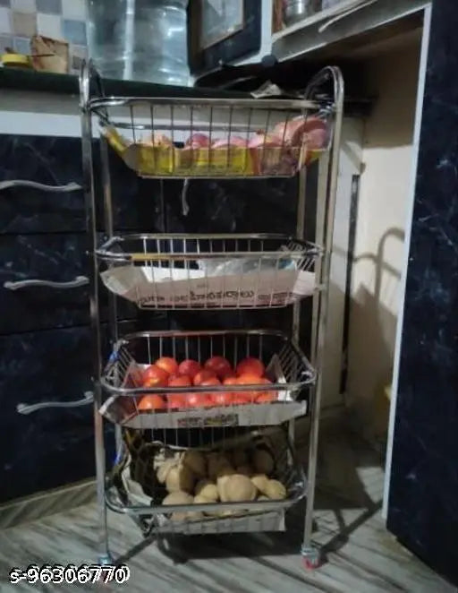 Stainless steel square fruit and vegetable basket trolley with three shelves, spoon stand, and rotational wheels for kitchen