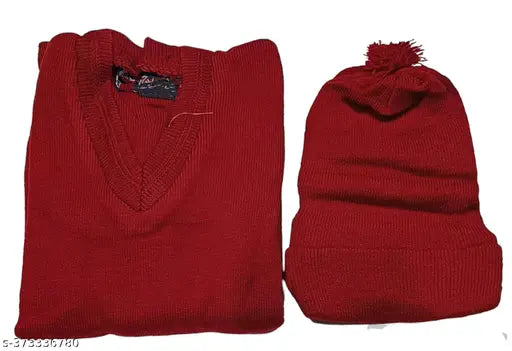 Maroon wool school sweater with matching cap, ideal for winter wear