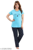 Skyblue hosiery cotton printed half sleeve T-shirt & pants set for ladies' sleepwear