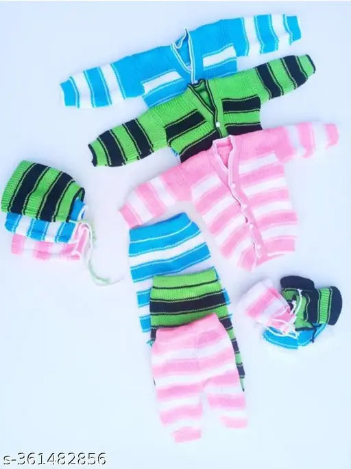 100% wool newborn baby winter wear, striped unisex suit set in pack of 3 for infants aged 0-1 months, India origin