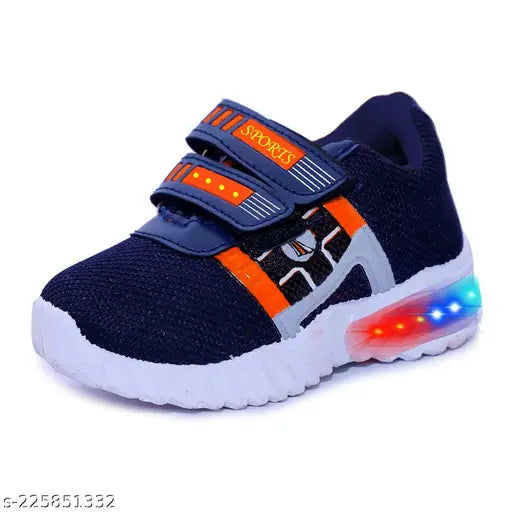 LED light-up shoes for kids, blue laces, adjustable strap, outdoor sports running shoes, white outsole, breathable mesh upper