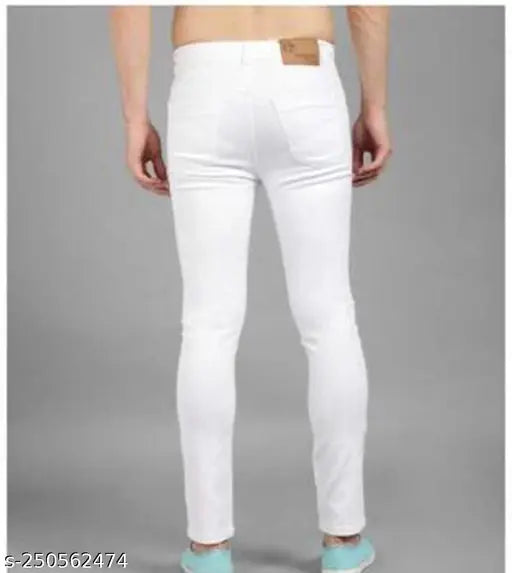 Cotton blend flaying men's white jeans for a relaxed fit, size options from 28 to 36 inches