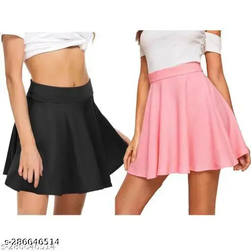 Mini pink & black flared/skater skirts combo set (2), stylish trendy polycotton, sizes 24-34 inches
