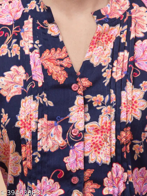 Blue & Multicolour Floral Rayon Tunic, Hive91 with 3/4 sleeves & mandarin collar, pleated design, tie belt, and button front