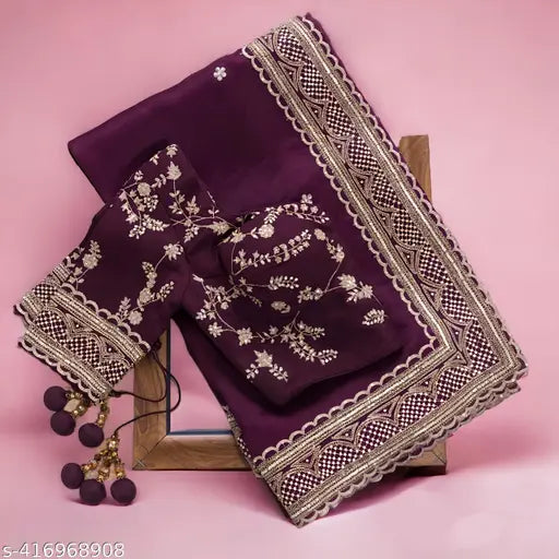 Vichitra silk wine party saree with embroidery sequence work, free size, 5.5m length