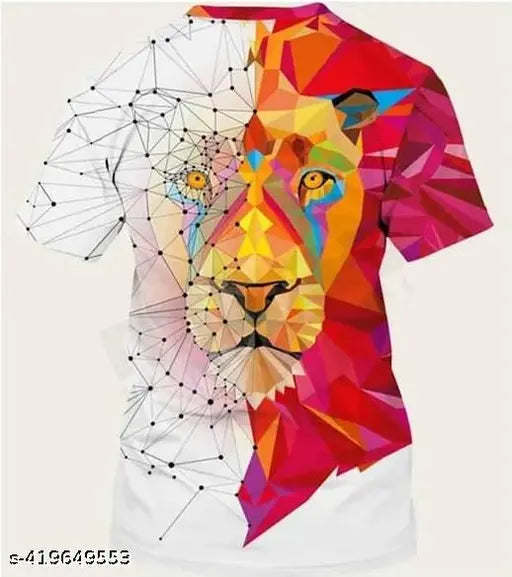 3D printed lion face poly blend t-shirt, vibrant design on short sleeves, soft to touch, size M, XS-XXXL