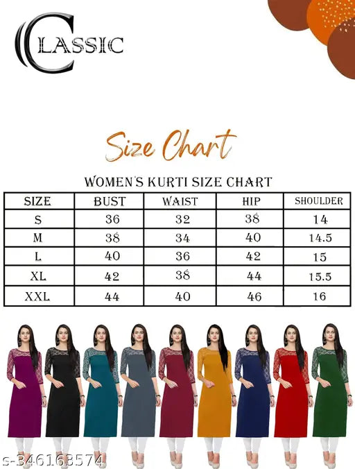 A size chart with women's kurtis in different colors and sizes, displaying 34 length and round neck. The text is clearly visible showing various women's kurta options