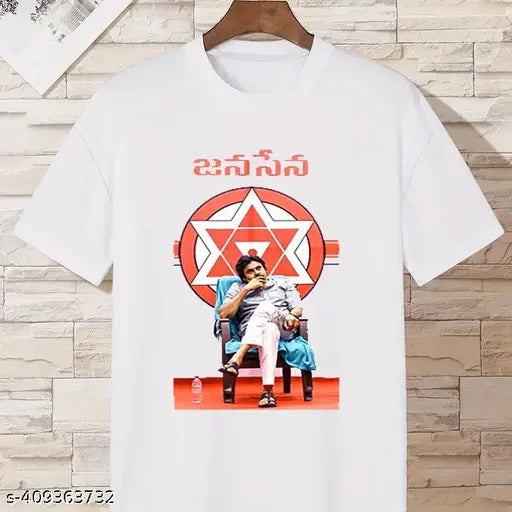 Polyester Pawan Kalyan "My Hero God" t-shirt, printed design on short sleeves, size L (Chest 40 in, Length 29 in), made in India