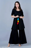 Black, kurta, sharara set, long pants with folds at bottom