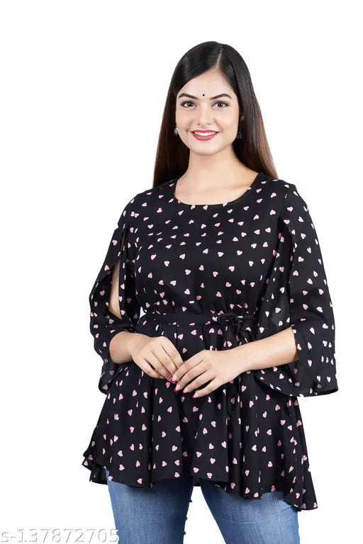 Black printed rayon top with three-quarter sleeves, Indian women's fashion