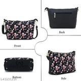 Women's black sling bag with floral design and side pocket, suitable as crossbody or shoulder bag