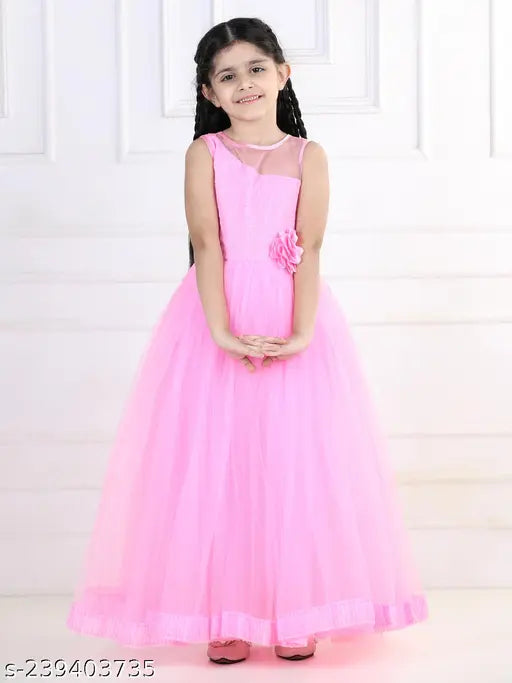 Pink net girls party wear gown dress for kids, sleeveless, 1-2 years size, India-origin