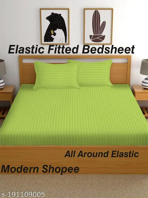 Satin stripe elastic fitted bedsheet (72x78 inches) with adjustable all-around elastic & 2 pillow covers (17x27 inches), microfiber, summer decor for adult beds, machine washable