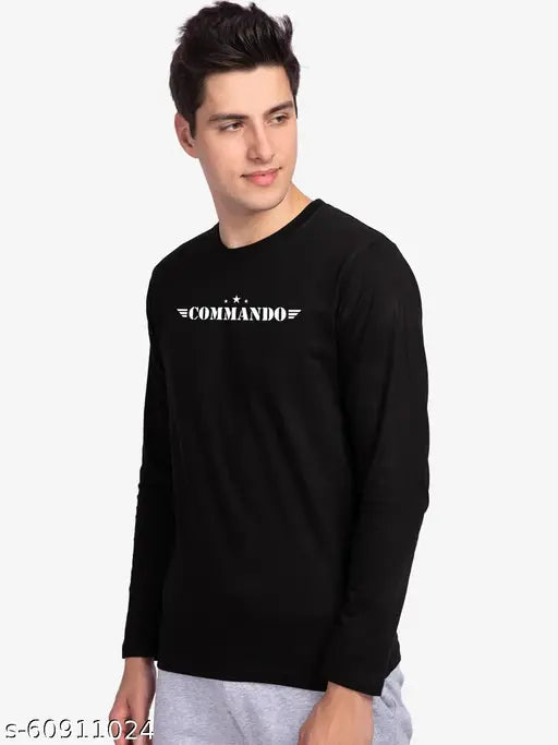 Organic black cotton commando print men's long sleeve t-shirt for gym style, cool & comfy wear