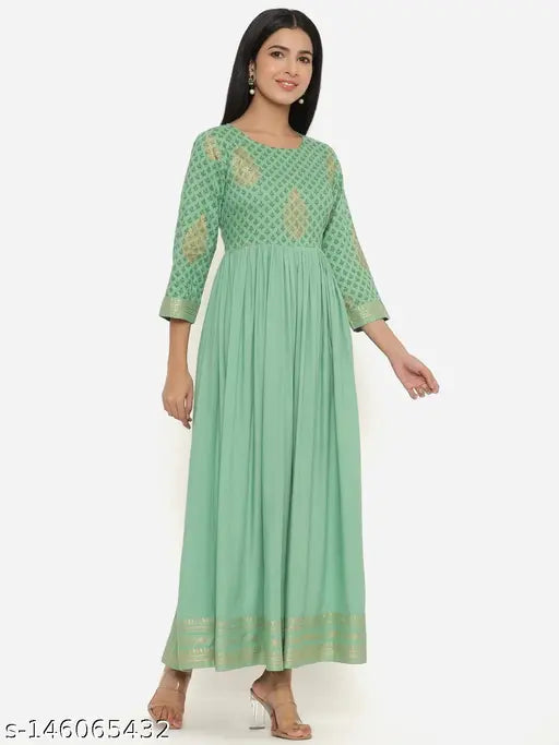 Green Rayon Printed Anarkali Kurta by INDIANIC, 3/4 sleeves, embroidered pattern, suitable for parties and casual occasions