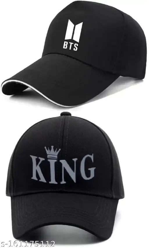 3D RUBBER PRINTED KING ADJUSTABLE CAP AND BTS EMBOIDED SELF DESIGN BASE BALL CAP COMBO FOR MEN AND BOYS.