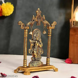 Gold-plated metal Radha Krishna idol sculpture, 15.5 cm long, 4.5 cm wide, and 18 cm high. Ideal for Diwali festival decoration or home interior decor. Handcrafted Indian artifact