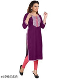 Purple rayon embroidered straight kurti for office party wear, Indian-style with round neck and three-quarter sleeves