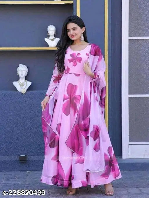 Georgette gown with duppatta, printed long-sleeve women's fashion, attractive Indian design