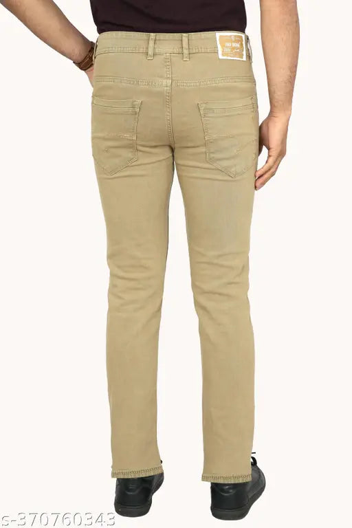 Men's regular fit stretch denim jeans, lightly washed with zip fly and button closure. Solid pattern, cotton-lycra blend, mid-rise design, 5 pockets, size 30, 32, 34, 40 (31/42/36, 33/42/38, 35/42/40, 41/42/46), made in India