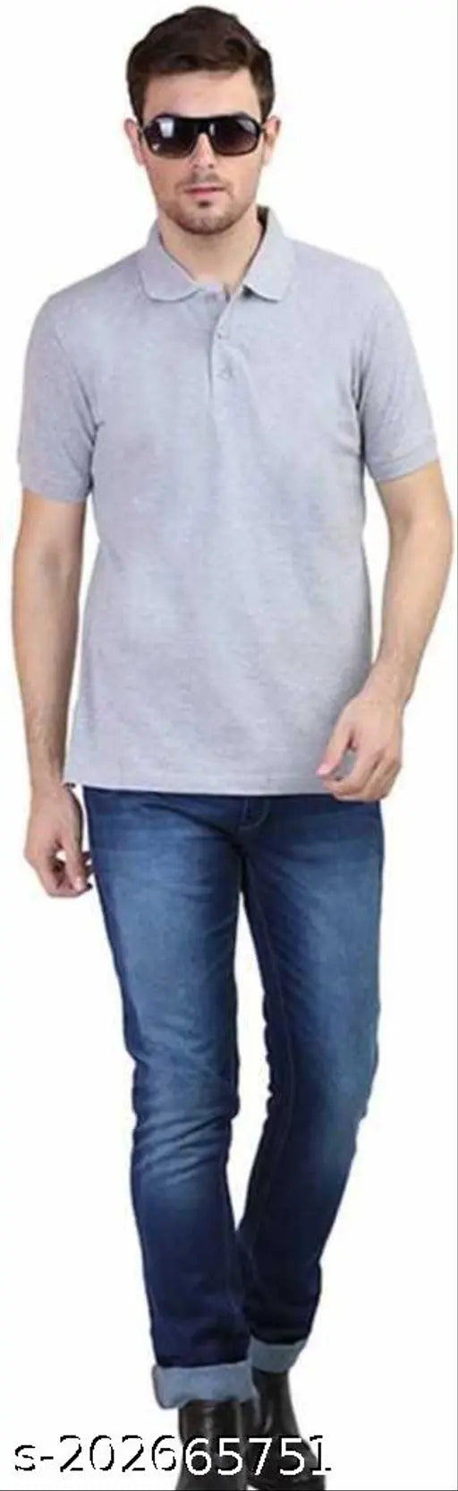Grey cotton blend polo neck t-shirt for men, regular fit with short sleeves