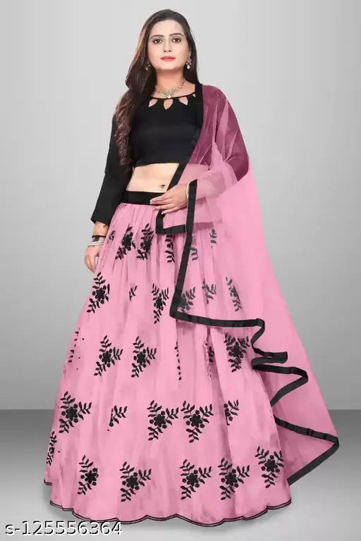 Grey embellished semi-stitched lehenga & unstitched blouse with dupatta, art silk top and net bottom/dupatta, embroidered pattern, free size (waist 40 in, length 44 in, dupatta length 2.25 m), India origin