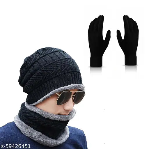 Black beanie cap with neck warmer and gloves, premium quality woolen winter accessories for men, women, and children