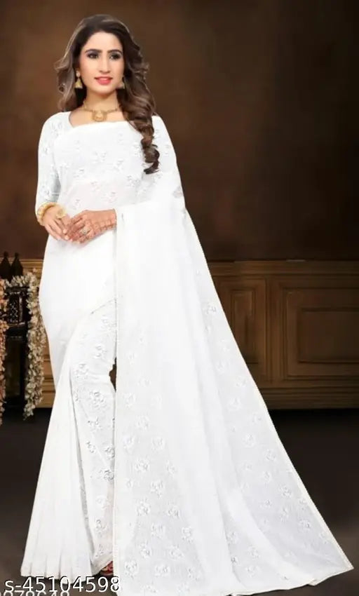 Ami White Net Rasal Saree 07, free size self-design saree with separate blouse piece for an attractive look, Indian quality Rasal saree on display