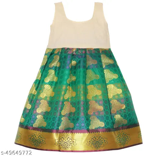 Cotton silk kids' Lavanya Pattu Pavada lehenga choli with net dupatta, block stitch pattern, short sleeves, and various sizes from 6-8 years. Indian traditional and fancy partywear for girls