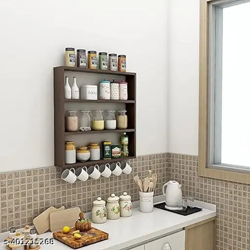 Kitchen cabinet for storing kitchen items, brown wooden shelves