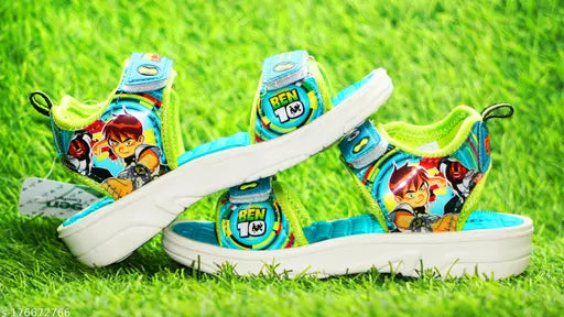Orange and green EVA Chota Bheem kids sandals for summer wear, featuring cartoon characters. Size: 3-4 years, Velcro fastening, perfect for active playtime