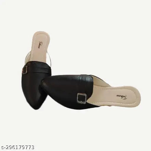Black PU buckle sandal, sleek women's mule with faux heel and slip-on design, perfect for office wear