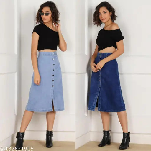 Denim, fashionable unique women's western skirts - Solid design, 28-32 waist sizes, India origin